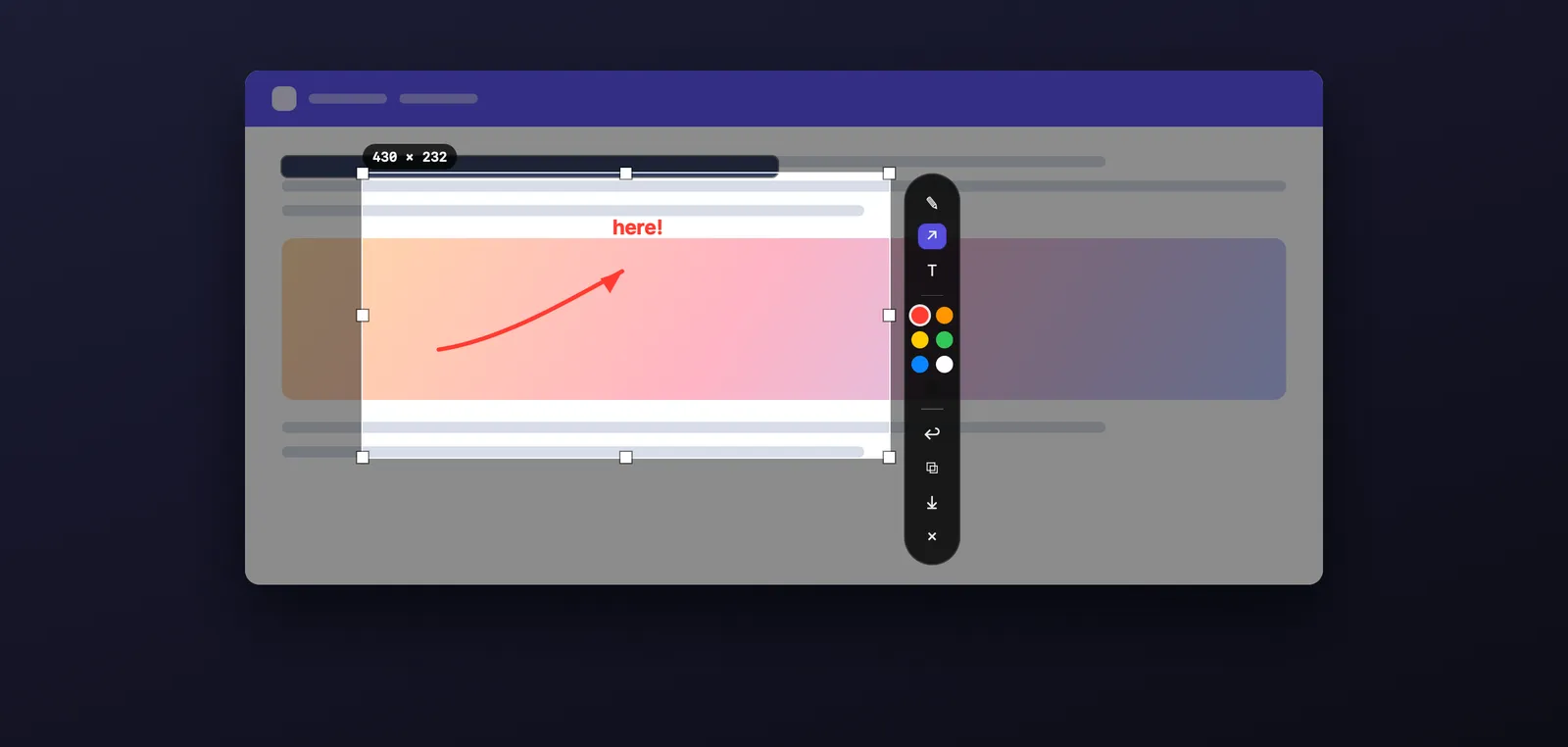 Swapback's screenshot tool: drag an area, then mark it up in place.