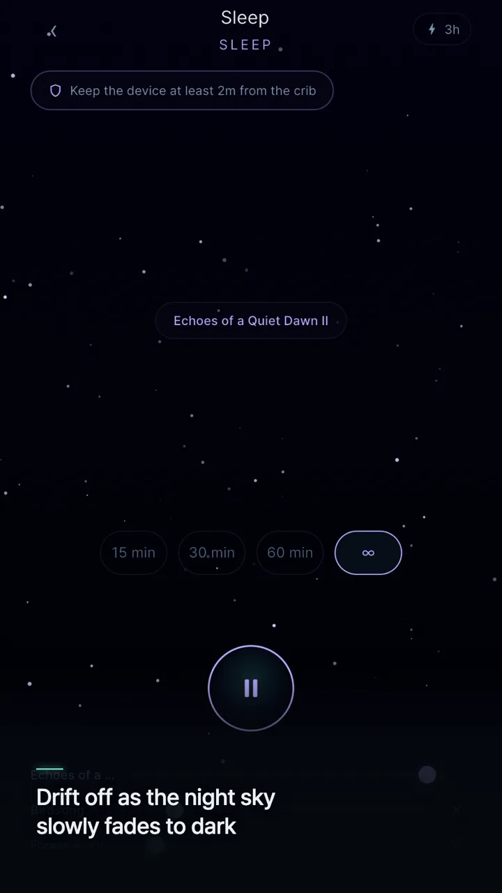 Sleep mode: the timer choices and the crib-distance note.
